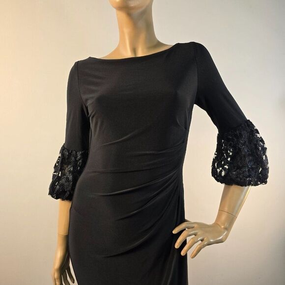 LAUREN RALPH LAUREN Dress Navy Black Lace Bell Sleeve Ruched Sheath Womens Sz 4 - Picture 6 of 12
